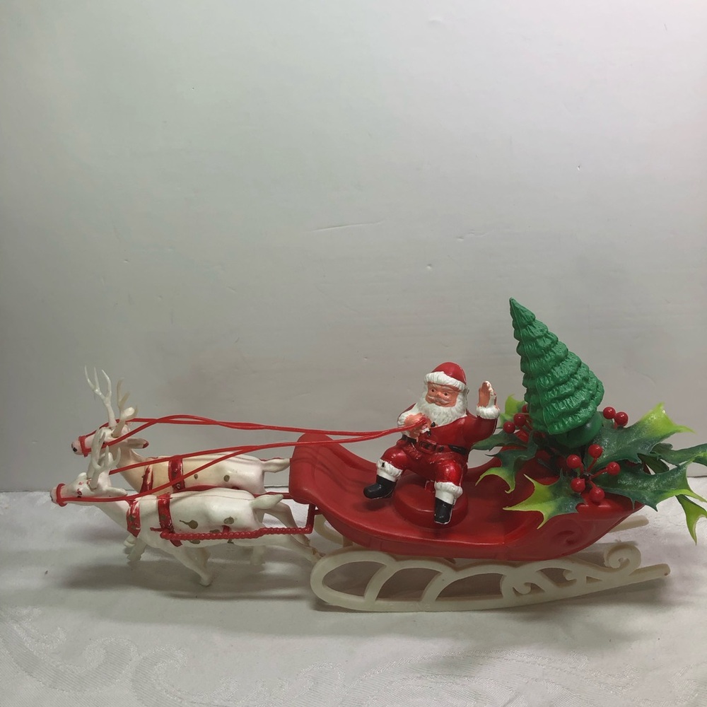 Vintage 1950’s Hong Kong Plastic Santa on Sleigh with Reindeer